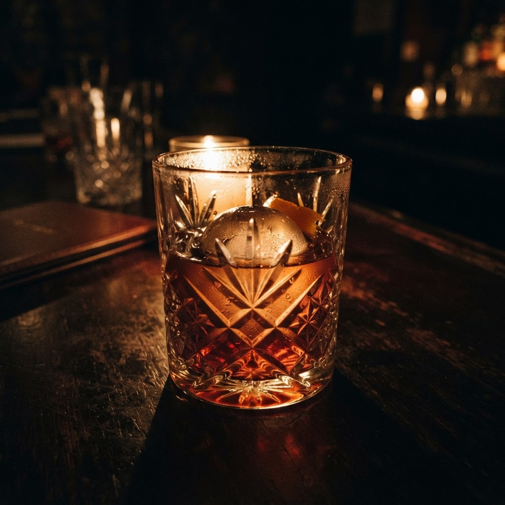 A rum-colored cocktail catching warm candlelight in a cut-crystal glass.