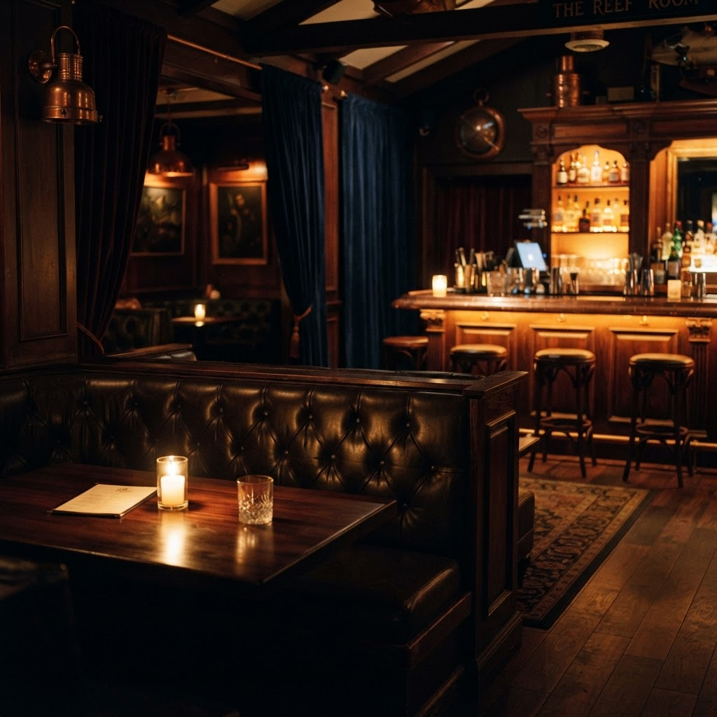 The dim, candlelit interior of LOUNGE TWO, with dark wood and a low-lit bar.